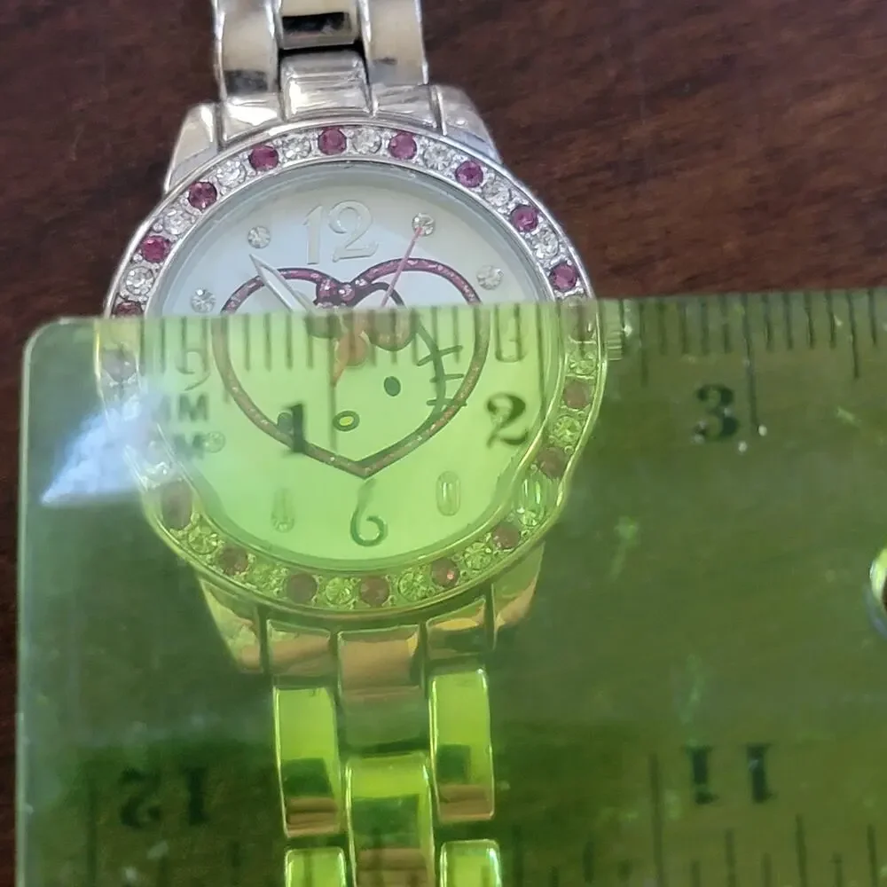 Hello Kitty Silver Watch Pink Heart Rhinestone Dial Women Bracelet Style Cute - Picture 4 of 10